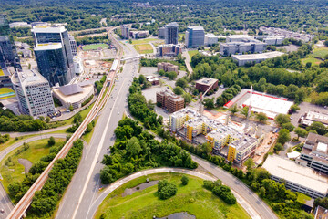 Tysons urban landscape from above. Skyscrapers and interstate system