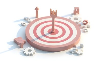 Winning business strategy and achieving goals concept with a trophy shape on a target, surrounded by gears.