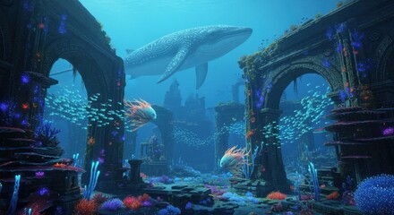 Magical underwater scene of the ruins of the lost city with a whale and vibrant marine life