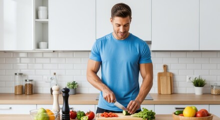 Fit handsome man smiling while chopping fresh vegetables for a healthy meal in a modern white kitchen