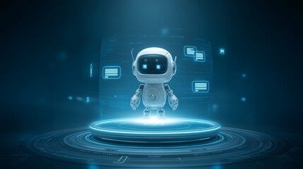 A charming white robot standing on a glowing blue platform surrounded by floating speech bubbles