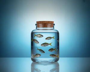 Small Fish in a Glass Jar Against a Blue Gradient Background