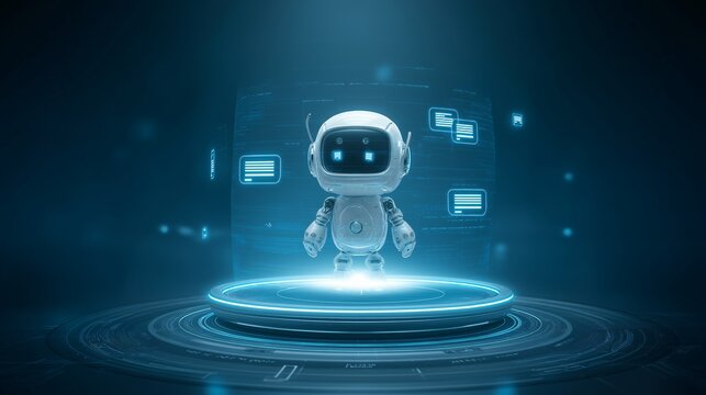 A charming white robot standing on a glowing blue platform surrounded by floating speech bubbles