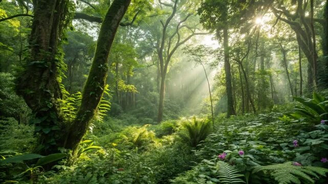 Morning sunlight shining through green trees on a forest path  4k horizental cenematic video footage