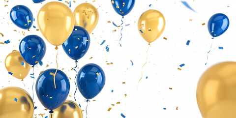 Photo of gold and blue balloons float against a white background with confetti