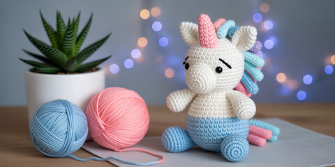 Adorable Crochet Unicorn Toy with Colorful Yarn and Succulent Plant