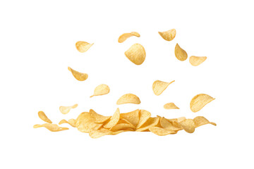 Naklejka premium Flying potato chips creating dynamic movement pattern with chips gathering at bottom, isolated on a transparent background