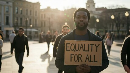 Unity's Voice: A man of color stands in solidarity, holding a sign of "Equality for all"