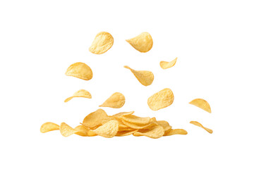 Multiple golden potato chips in mid-air motion with collected chips at base, isolated on a transparent background