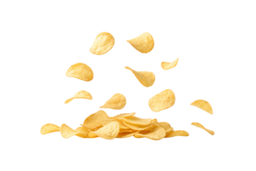 Multiple golden potato chips in mid-air motion with collected chips at base, isolated on a transparent background