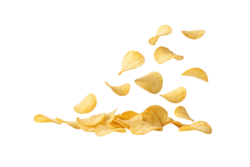 Scattered potato chips in various positions falling toward accumulated pile below, isolated on a transparent background