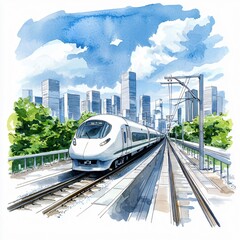 Naklejka premium High-speed train journey through urban landscape city skyline digital artwork bright day elevated perspective modern transportation concept for seo impact