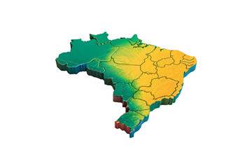 Brazil topographic map with elevation gradients from green lowlands to orange highlands, isolated on a transparent background