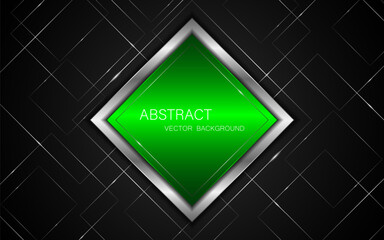 Abstract green and silver square shape with elegant silver lines on black background.	