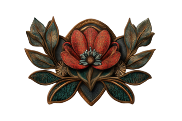 Embroidered badge featuring a vibrant floral design with lush leaves against a transparent background