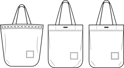 CAD drawing flat vector illustration of fabric tote bags, front and side views, detailed stitching pattern, technical sketch for fashion, accessory, product design