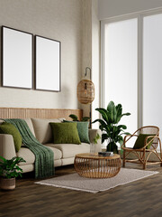Sustainable living room interior with organic design and plants. 3D render illustration