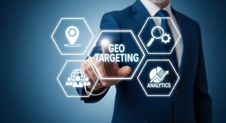 Geo Targeting Concept with Digital Marketing Icons – Location Pin, Analytics, Audience, and Settings in Hexagon Interface