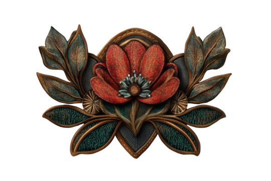 Embroidered badge featuring a vibrant floral design with lush leaves against a transparent background