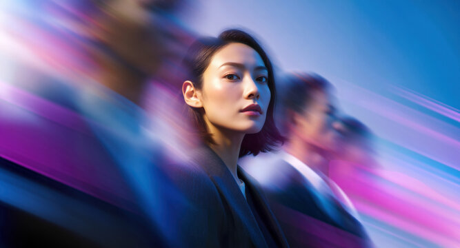 Confident young Asian businesswoman standing still in pink and blue motion blur scene