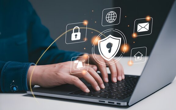 Cyber security concept with person working on laptop and digital icons representing protection