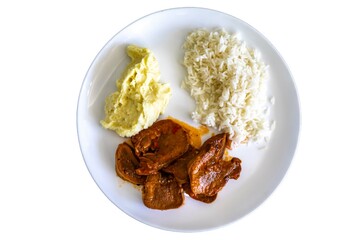 Classic rustic Brazilian food, beef tongue with rice and mashed potatoes. Real food
