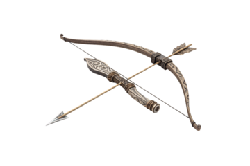 Ornate wooden crossbow with decorative carvings and loaded arrow weapon, isolated on a transparent background