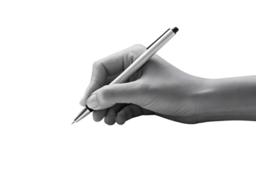 Hand holding silver pen in writing position, isolated on a transparent background