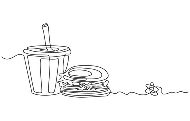 Hamburger and soda, fast food with in continuous one line art drawing style. Set of street food. Single line. Takeaway junk food linear sketch for menu banner poster. Editable stroke illustr