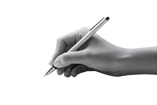 Hand holding silver pen in writing position, isolated on a transparent background - Powered by Adobe