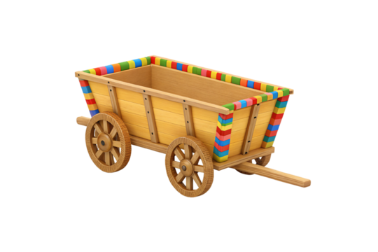 Colorful wooden cart with rainbow border and woven wheels, isolated on a transparent background