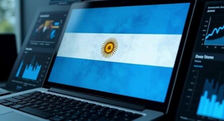 Argentina Flag Displayed on Laptop Screen with Data Charts in Background - Powered by Adobe