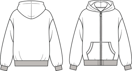 CAD drawing flat vector illustration of front and back view zip-up hoodie with kangaroo pocket, ribbed cuffs and waistband, fashion technical sketch template