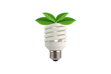 Energy-efficient CFL spiral light bulb with green leaves sprouting from top, representing sustainable technology and environmental innovation, isolated on a transparent background