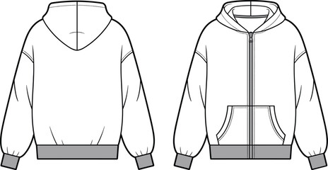 CAD drawing flat vector illustration of front and back view zip-up hoodie with kangaroo pocket, casual fashion template, technical garment sketch for apparel design © Creative Asif