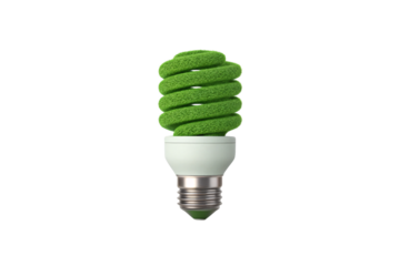 Eco-friendly light bulb with green spiral CFL design and textured surface, symbolizing energy efficiency and environmental consciousness, isolated on a transparent background