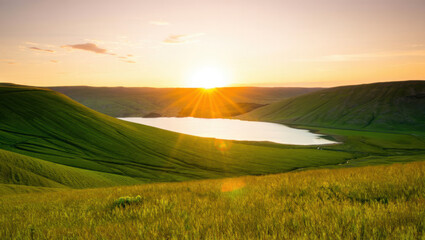 Obraz premium Sunset Lake with Green Hills, and Landscape Photography.