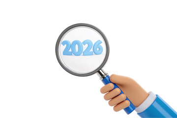 Cartoon hand gripping magnifying glass revealing bright blue 2026 date inside circular lens for examination, isolated on a transparent background