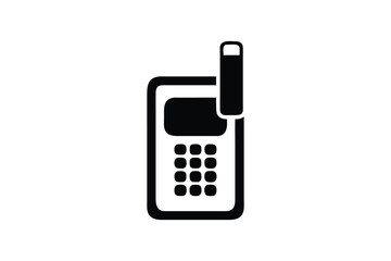 Simple black and white icon of a vintage mobile phone.