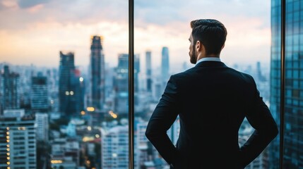 Businessman in suit looks out over a cityscape from a high-rise office, contemplating the urban skyline.