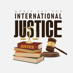 World Day for International Justice poster with stacks of books, hammer judge and scales justice
