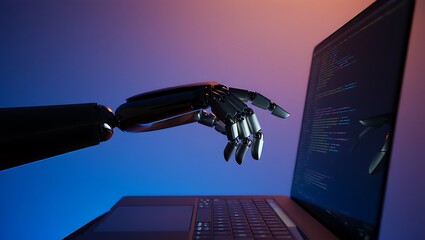 Artificial Intelligence Robot Hand Interacting with a Computer Screen Showing Code