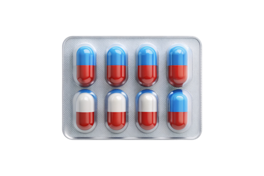Eight capsules with blue tops and red bottoms in silver blister pack with some missing, isolated on a transparent background