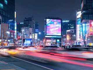 Fototapeta premium Nighttime urban scene showcasing illuminated billboards, buildings, and blurred vehicle light trails.