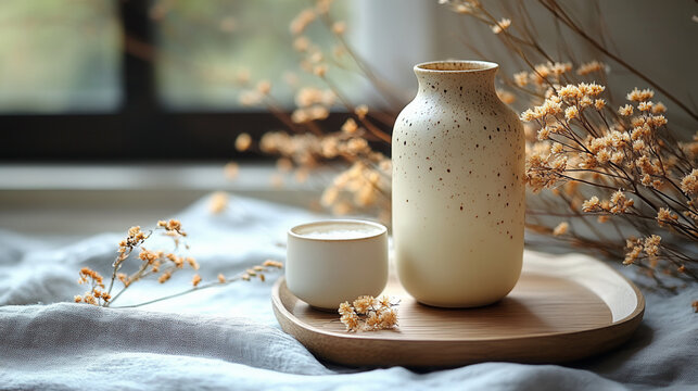 bottle and cup of creamy-white makgeolli rice wine on modern tray, minimalist korean drink presentation