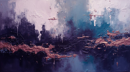 Fototapeta premium Abstract painting with deep blue and purple hues accented by copper textures for a sophisticated visual effect