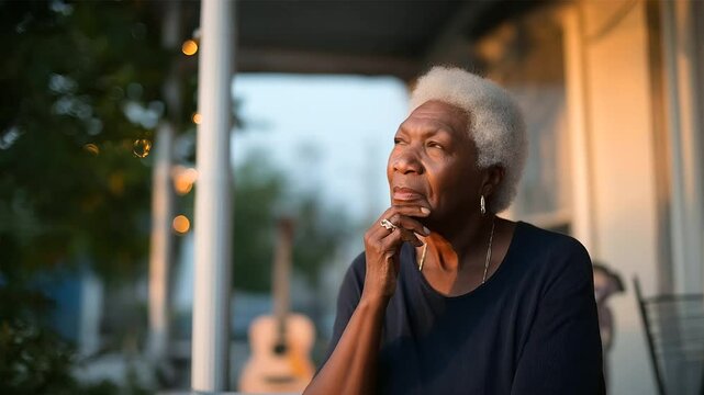 Elderly woman playing harmonica on a porch with warm natural light