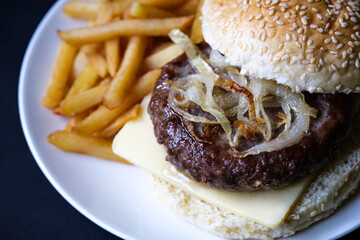 Homemade Beef Or Hamburger On Cheese With Chips Or Frites