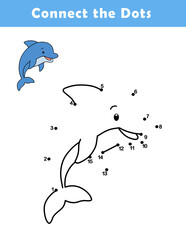 Dot to Dot Worksheet for Kids. Connect the dots to draw a cute dolphin. Illustration of dolphin. Coloring page.