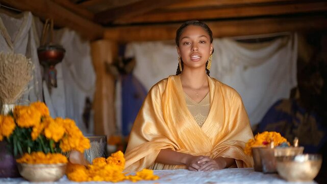 Family creating an ofrenda with marigold petals and altar